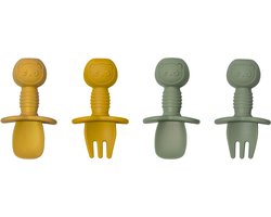 Sproudsy Kinderbestek Teddy Bear - Baby - 2 Baby Lepeltjes en Vorkjes - Baby Bestek - BPA-Vrij - Groen Mango