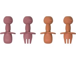 Sproudsy Kinderbestek Teddy Bear - Baby - 2 Baby Lepeltjes en Vorkjes - Baby Bestek - BPA-Vrij - Roze Oranje