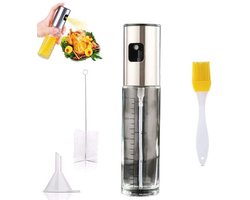 Spuitfles - Kooksprayfles - Glazen spuitfles - Oliesprayfles - Lekvrij - Drukdop - Inclusief trechter, oliekwast en reinigingsborstel - 100 ml - Geschikt voor salades, barbecues, bakken, airfryers, enz. - Zwart, zilver