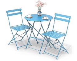 ST TRADING Bistroset voor buiten, 3-delig, met tafel en 2 klapstoelen van staal, voor balkon, terras en tuin, blauw