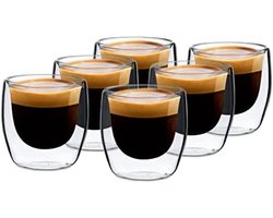 ST TRADING Dubbelwandige Espressokopjes Set van 6 - 80 ml - Vaatwasmachinebestendig - Hittebestendig Borosilicaat Glas - Ideaal voor Espresso, Cappuccino en Latte Macchiato