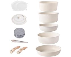 ST TRADING Inductiepannen en pannenset met afneembare handgrepen, antiaanbaklaag, graniet, stapelbaar, kookgerei set met siliconen deksels, ruimtebesparende pannenset zonder PFOA, braadpan, beige