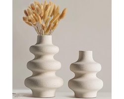 ST TRADING Keramische Vaas Set van 2 - Beige Ronde Vazen voor Moderne Woondecoratie, Boheemse Decoratieve Vazen voor Huis, Kantoor of Bruiloft