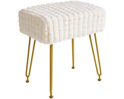 ST TRADING Rechthoekige voetensteun kruk Ottomaanse, make-up ijdelheid kruk bijzettafel, fluwelen kaptafel stoel, voetenbank stoel, gouden stalen poten, voor make-up kamer, slaapkamer, vierkant raster - Wit