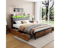 Staal-Houten Bed 160x200 cm met 4 Lades, LED RGB Hoofdbord & USB/Type-C – Moderne Tweepersoonsbed met Opbergruimte en Smart Verlichting