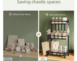 Staand 3-laags roestvrij kruidenrek - Multifunctioneel keukenorganizer voor werkblad - Keukenopslag met haak en snijplankhouder zwart koffie rek