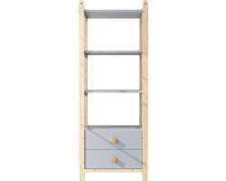 Staand Plankenrek, 2 Lades, 4 Planken Boekenkast, Vuren Frame, Massief Houten Handgrepen, voor Woonkamer, Slaapkamer, Studiekamer, Blauw+Natuurhout, 70×44×180cm