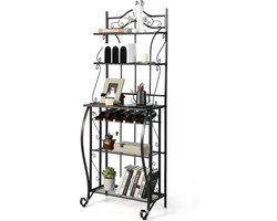 Staand rek, metaal, keukenrek met 5 planken en wijnrek, opbergrek met kantelbeveiliging, magnetronrek, metalen rek, voor keuken, woonkamer, zwart, 63,5 x 41 x 173 cm