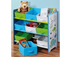 Staand Speelgoedrek / Opbergmeubel met Dinosaurus Motief | Opbergrek voor kinderen met 9 Textiele Manden voor het opbergen van speelgoed |  Afm: 66 x 30 x 59 Cm. Kleur: Mix Kleuren met Dinosaurus Motief