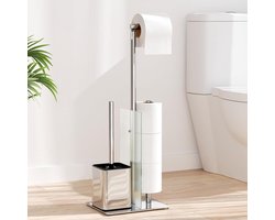 Staand toiletpapierhouder met wc-borstel en glazen rek (zilver) - Roestvrij staal set toilet brush with holder