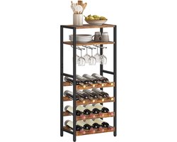 Staand wijnrek industrieel bruin metaal & hout – 20 flessen + glashouders – IN-HOMEXL Paradiso – 50 × 24 × 100 cm