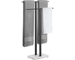 Staande handdoekhouder Zwart Handdoekenrek Vrijstaand met 2 armen Handdoekstang Roestvrij staal SUS304 Badkamer Kledingrek Marmeren basis, BTH217-BK