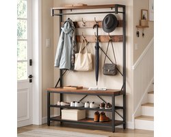 Staande Kapstok 4‑in‑1 met Bank - Garderoberek - Schoenenrek - 8 Haken - Bovenste Plank & Kleedstang - Multifunctioneel Halmeubel - Industrieel Rustiek Design - Metalen Frame - Bruin Zwart
