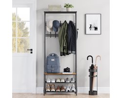Staande Kapstok Garderoberek - Multifunctioneel Halmeubel met Schoenenrek - 10 Dubbele Ronde Haken - Bovenste metalen opbergrooster - Industrieel Vintage Design - Stabiel Metalen Frame met Houtlook - voor Gang en Woonkamer - Zwart