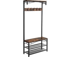 Staande Kapstok Met Zitplank en Schoenenrek - Landelijke Vintage Look - 80x32x178.5 cm - Zwart/Bruin