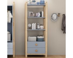 Staande kast, 2 lades, boekenkast met 4 planken, grenenhouten frame, handgrepen van massief hout, voor de woonkamer, slaapkamer, studeerkamer, blauw + natuurlijk hout, 70×44×180 cm