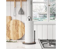 Staande keukenrolhouder met zware houten basis, papierrolhouder in landelijke stijl voor aanrecht, geschikt voor standaard en jumbo keukenrollen (bruin - gemakkelijk af te scheuren)