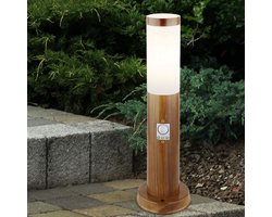 Staande lamp met bewegingsmelder houtoptiek buitenpaal roestvrij staal, wit kunststof, 1x E27, DxH 7,6 x 45 cm