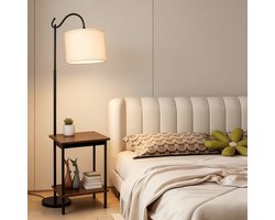 Staande lamp met gebogen arm, ronde kap en bijzettafel met draadloze USB-oplaadpoort & stopcontact, Bruin.