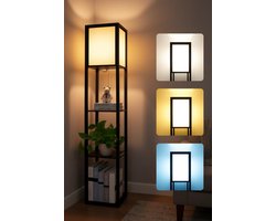 Staande lamp met houten legplanken, 2-in-1 vloerlamp met 3-laags plankopslag, E27-fitting, hoeklamp voor woonkamer, slaapkamer of kantoor, hoogte 1,6 m.