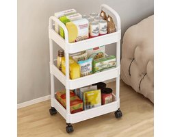 Staande Mobiele Kunststof Opbergrek met Remmen - 36*24*72CM - Opbergrek met 3 Lagen - met 4 Flexibele Rollen - Wit