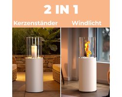 Staande open haard 81 cm 2-in-1 windlicht zuil Wit – abtkantoor luxe glazen vuurzuil binnen & buiten met decoratieve stenen, rookvrije bio ethanol sfeerhaard, tuin & balkon decoratie