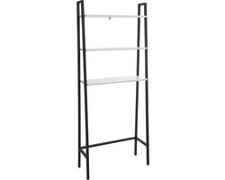 Staande plank MCW-K82, badkamerplank wasmachine plank ladderplank, industrieel metaal hout 155x64x25cm ~ marmer-look wit