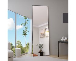 Staande Spiegel 165x60 cm – Zwarte Aluminium Rand, Rechthoekige Make-up & Slaapkamer Spiegel van Gehard Glas