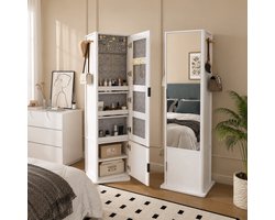 Staande spiegel - 4-in-1 multifunctionele kast met sieradenorganizer - Passpiegels - 360° Draaibare Spiegelkast - 170x55 cm - Met spiegel over de gehele lengte - Met opbergruimte - Wit