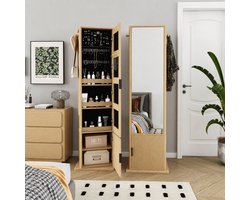Staande spiegel - 4-in-1 multifunctionele kast met sieradenorganizer - Passpiegels - 360° Draaibare Spiegelkast - 170x55 cm - Met spiegel over de gehele lengte - Met opbergruimte - Houtkleur
