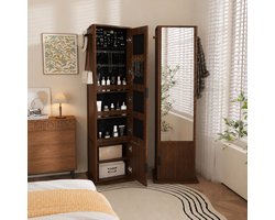 Staande spiegel - 4-in-1 multifunctionele kast met sieradenorganizer - Passpiegels - 360° Draaibare Spiegelkast - 170x55 cm - Met spiegel over de gehele lengte - Met opbergruimte - Walnootkleur