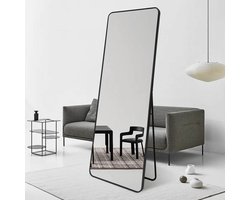 Staande Spiegel - 50 x 160cm Zwart - Passpiegel - HD Mirror - Rechthoekige - Modern - Afgeronde Rand - Ovale Randen - Vrijstaande - Hangspiegel Met Haken - Kleedkamer - Wandspiegel - Veiligheidsglas - Interieur - Woondecoratie - Metaal - Lux