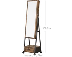 Staande Spiegel - Sieradenkast - Staande Spiegelkast - Afsluitbare Sieraden Organizer met Lade - Wielen - Geschenkidee - Vintage Bruin/Zwart - 37cm x 41.5cm x 152.5cm