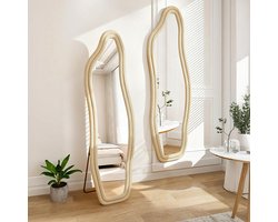 Staande spiegels, Dolfijn Spiegels - 140x45 cm, moderne onregelmatig gevormde staande spiegels, high-definition spiegels, passpiegels, fluwelen rand, geel