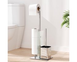 Staande Toiletpapierhouder met Toiletborstel - RVS Set met Toiletrolhouder en Borstel - Zonder Boren - Inclusief Glazen Plank - Zilver - Toiletborstelhouder en Toiletrolstandaard