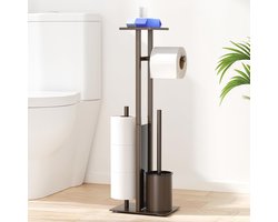 Staande toiletpapierhouder met wc-borstel en glazen plank - 4-in-1 wc-set