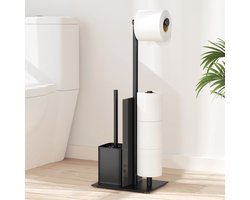 Staande toiletpapierhouder met wc-borstel en glazen plank - Roestvrij staal en mat zwart