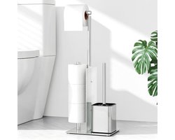 Staande Toiletpapierhouder met Wc-borstel en Toiletrolhouder met Glazen Plank - Roestvrij Staal - Zonder Boren (Zilver)