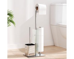 Staande toiletpapierhouder met wc-borstel, roestvrijstalen set met wc-rolhouder en -borstel, zonder boren, toiletset met glazen plank (zilver)