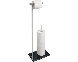 Staande toiletrolhouder, staande toiletrolhouder met gehard glazen voet, Zwart en vervangende rolhouder, roestvrijstalen toiletrolhouder voor badkamer en toiletruimte,