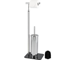 Staande WC-garnituur 2-in-1 met Wc-borstel en Rolhouder - Roestvrij Staal en Glazen Voet