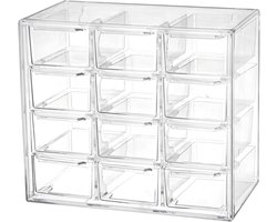 Stackable Desk Organiser with 12 Drawers, Transparent Plastic Storage Box for Crafts, Office, Sewing, Cosmetics and Jewellery
