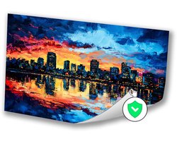 Stadsgezicht bij zonsondergang schilderij - Skyline wanddecoratie - Wanddecoratie gebouwen - Expressionisme - Poster woonkamer - Wanddecoratie woonkamer - Poster 70x50 cm