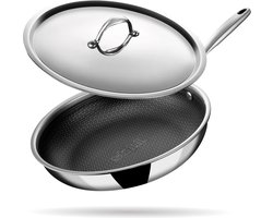 Stahl - Triply Koekenpan - Hexagon Anti Aanbaklaag - Met Deksel - 20 cm - Geschikt voor Inductie & Alle Warmtebronnen - Voor 1-2 Personen - Pan & Kookpan - RVS