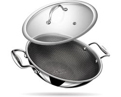 Stahl - Triply Wokpan - Hexagon Anti Aanbaklaag - Met Deksel - 28 cm - Geschikt voor Inductie & Alle Warmtebronnen - Voor 5-6 Personen - Pan & Kookpan - RVS