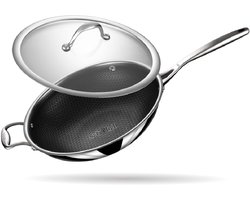 Stahl - Triply Wokpan met Steel - Hexagon Anti Aanbaklaag - Met Glazen Deksel - 26 cm - Geschikt voor Inductie - Voor 3-4 Personen - Pan & Kookpan - RVS