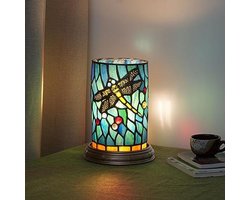 Stained Glass Dragonfly Table Lamp - Teal Tiffany Style Night Light for Bedroom Decor