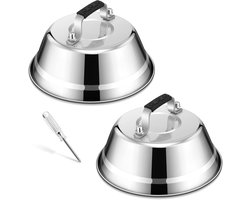 Stainless Steel Burger Klok met Rubber Handvat - 2 Pack voor Grillen, Steak en Kaas - Vaatwasserbestendig en Ideaal voor Binnen en Buiten - 16.8 x 6 cm