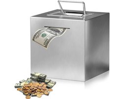 Stainless Steel Money Box with Handle - XXL Piggy Bank for Children - Large Safe for 10000 Euros (15 cm)