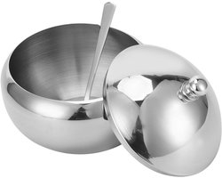 Stainless Steel Small Sugar Salt Pot Silver Dispenser Condiment Container with Lid and Spoon for Kitchen Home(L)